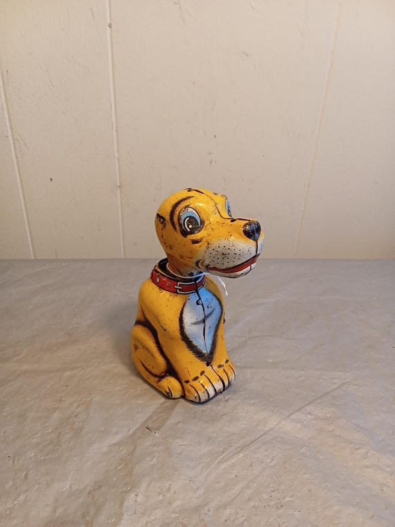 Vintage Japan NGS Tin Wind up Dog, Pat the Pup Tin Plate Toy, Read