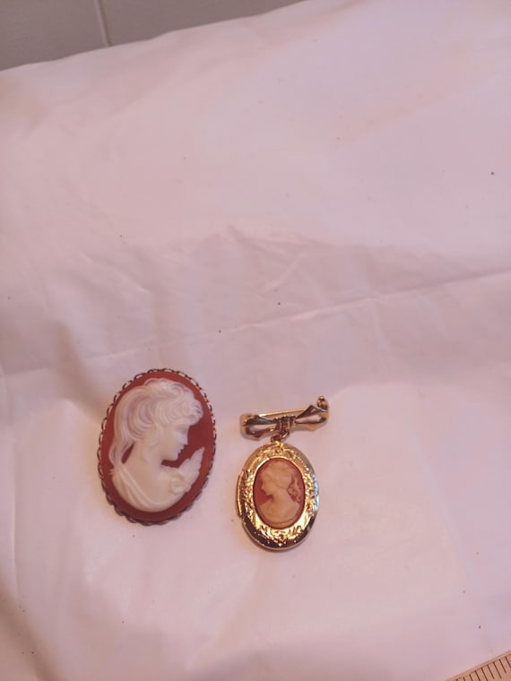 2pc Cameo Brooch Lot, Orange Cameo, Cameo Locket Brooch