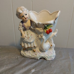 Vintage Ceramic Woman Duck Cherries Planter Vase