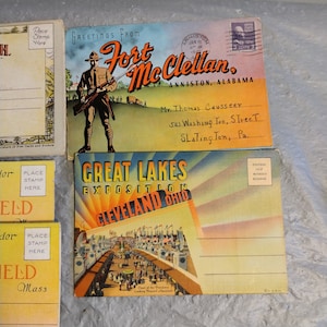 4 cartoline ricordo pieghevoli vintage Alabama Mass New Hampshire, cartolina Fort McClellan