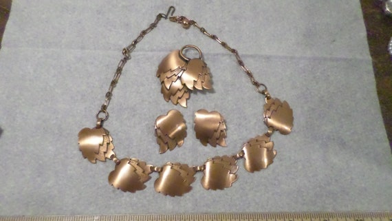 3pc Vintage Copper Leaf Necklace Earring Brooch S… - image 1