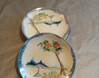Può includere: Due piattini vintage in ceramica con un design paesaggistico dipinto a mano. Ogni piattino presenta un centro color crema con un albero, fiori e una scena di montagna. I bordi sono rifiniti con un motivo blu e argento.