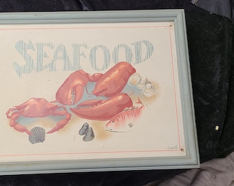 Joyce Langelier Hand Painted SEAFOOD Lobster Fish Crabs Mussels On Wood 20" X 15"
