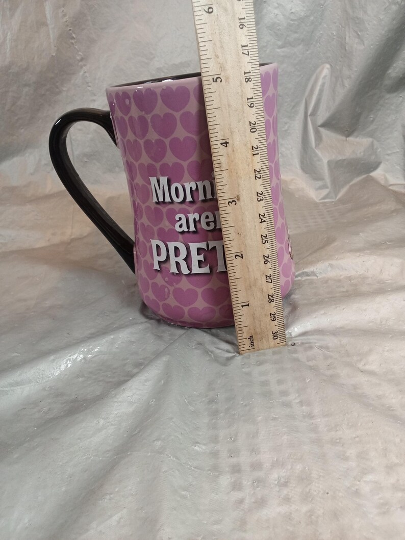 Puede incluir: Una taza de cer&aacute;mica rosa con asa negra. La taza est&aacute; decorada con peque&ntilde;os corazones rosas y las palabras "Mornings are PRETTY" en blanco. La taza mide aproximadamente 12.7 cm de alto.