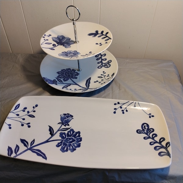 2pc Set Blue Floral 2 Tier Cake Stand Dessert Stand & Platter, Read Description