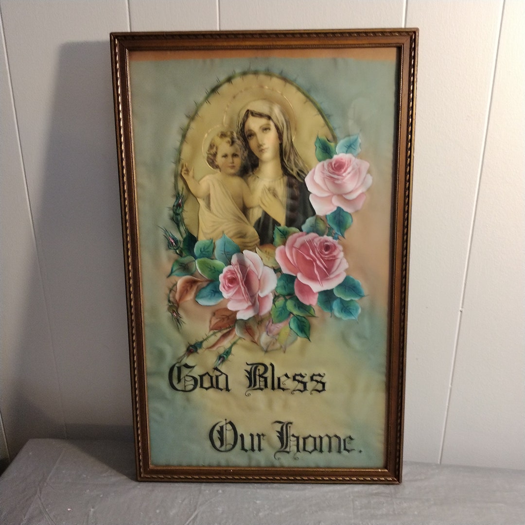 Vintage Religious Art Print, Mary Baby Jesus Print, God Bless Our Home