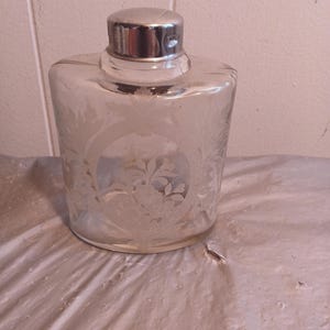 4&quot; Vintage Etched Glass Bottle, Vanity Bottle Jar