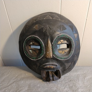 Hand Carved Mask, Vintage Tribal Wall Mask with Inlay