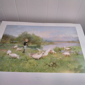 32x24&quot; Vintage Guarding the Flock by L. Chialiva Art Print, Boy Geese Print