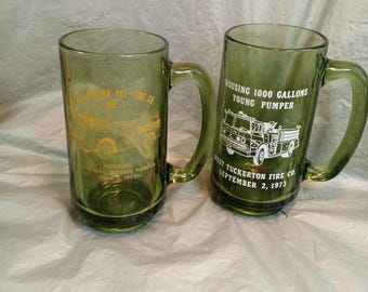 2 1970s Green Glass West Tuckerton & New Gretna Fire Dept Glass Beer Mugs