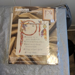90s NOS Vintage Janlynn Cross Stitch, Dreamcatcher Feathers Saying Cross Stitch Kit