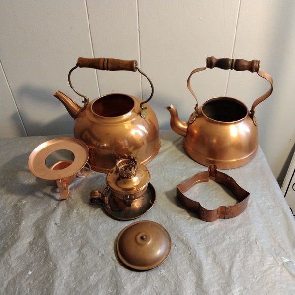 Vintage Copper Lot, Copper Revere Ware & Portugal Teapots, Cookie Cutter, Hong Kong Oil Lamp
