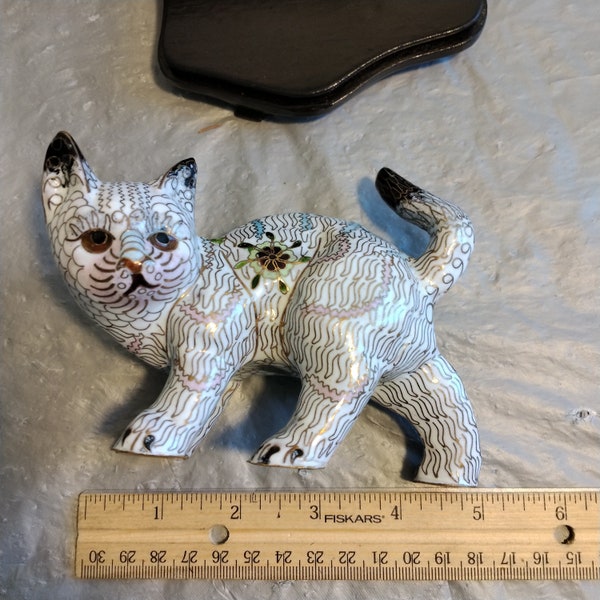 NOS Vintage PROC Cloisonne Ware Cat on Stand Figurine