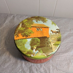 Vintage Valley Brook Farms Cookie Tin,  Boy & Dog Fishing Wooden Bridge Horse Carriage Scene
