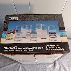 NIB NOS 12 pc Libbey Glasses, Blue Stripe Glassware, Libbey Pastel Color Glasses, Libbey Tumbler Water Soda Glass