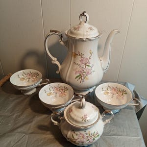 Edelstein Bavaria Eureka Germany Pink Floral Tea Set, Coffee Pot with Cups