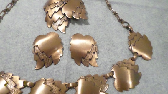 3pc Vintage Copper Leaf Necklace Earring Brooch S… - image 2