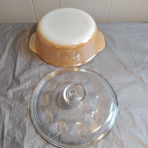 Vintage Fire King Anchor Hocking Peach Luster Casserole, Look & Read Description