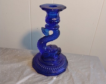 Vintage Cobalt Blue Glass Fish Candlestick, Koi Fish Candlestick