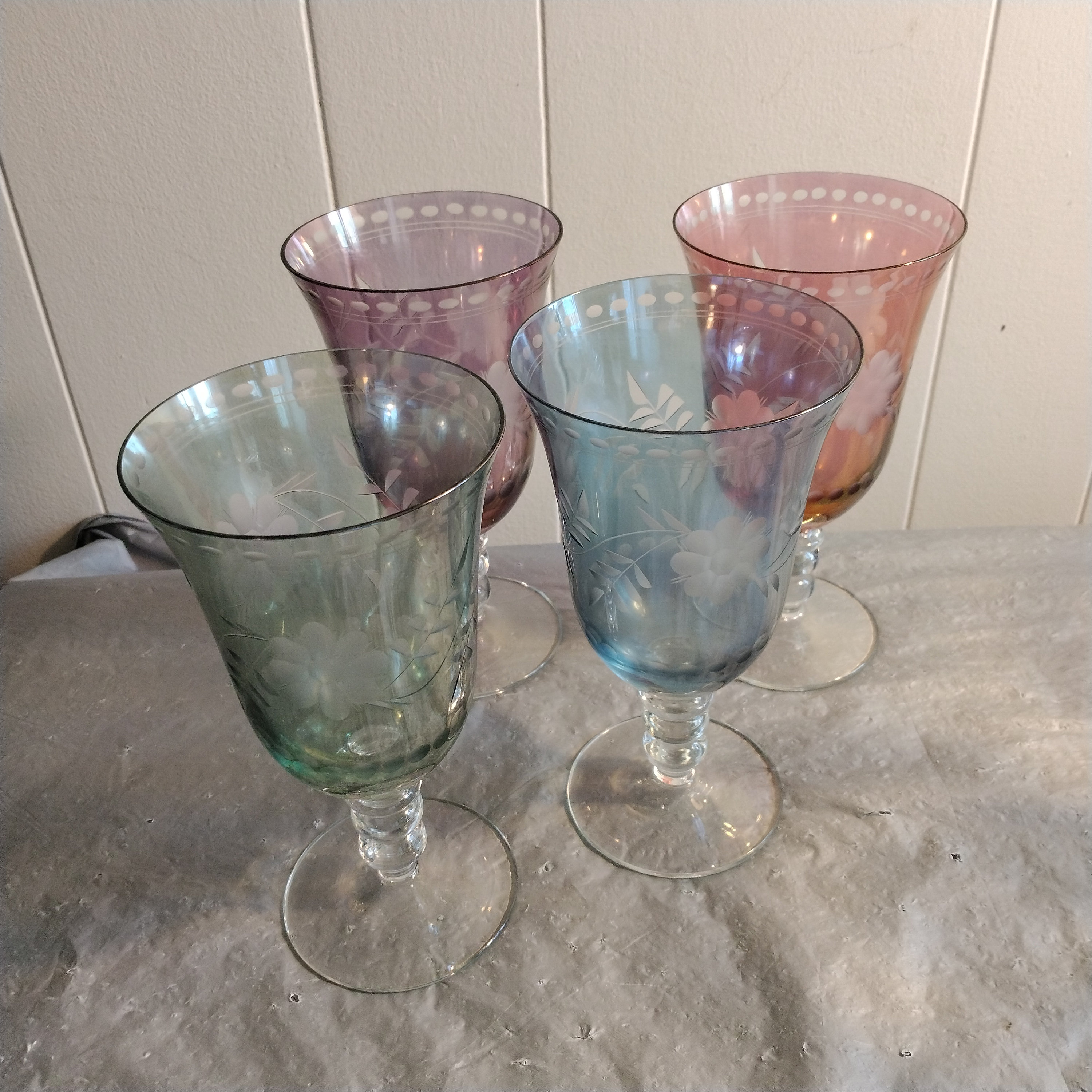 (2) Mosaic Stained Glass Wine Water Goblets Glasses 9-1/4 NICE!