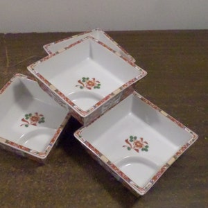 4 Vintage Square Asian Bowls with Dipping Section, Divided Asian Bowl