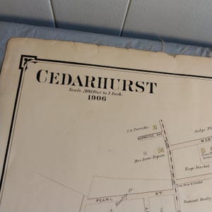 1906 Cedarhurst Village of LAwaret Teilkarte Stoffrücken mit Namen der Eigentümer, lesen Sie die Beschreibung