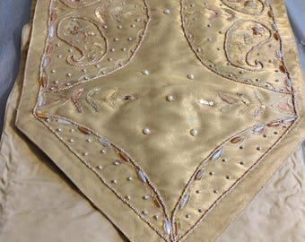 70x13.25&quot; Gold Metallic Beaded Table Runner Doily, Read Description
