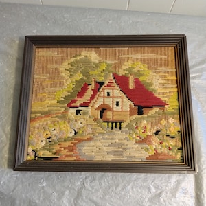 Vintage Needlepoint Tapestry Embroidery, Country Cabin Tapestry