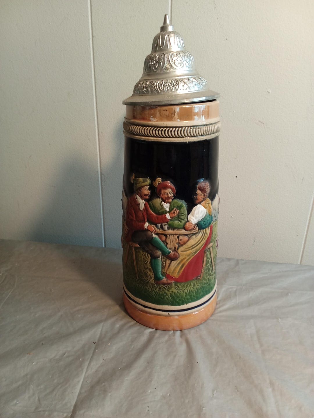 Large Germany Lidded Beer Stein, Dann Trink Unk Lach, Erst Mach