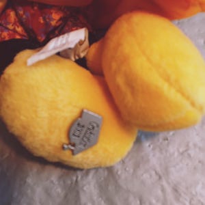 Puede incluir: Primer plano de dos patos de peluche amarillos. Un pato tiene una etiqueta plateada que dice "Graduation 2003". Los patos est&aacute;n sobre una superficie gris, con una tela amarilla en el fondo.