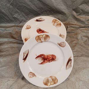 May include: Two round white ceramic plates featuring a central illustration of a red lobster. The rims of the plates are decorated with various brown and tan seashells, including clams and scallops, arranged around the perimeter of the white surface.