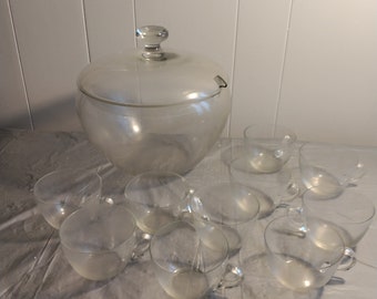 Vintage Clear Glass Punch Bowl with Lid & 10 cups with handles, Punch Bowl Set