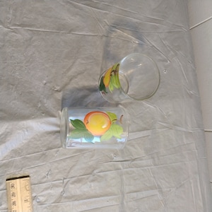 2 Vintage Hazel Atlas Hand Painted Juice Glasses, Fruit Motif