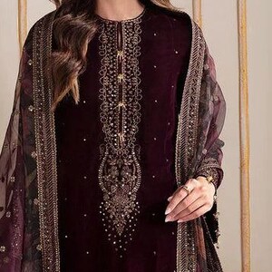 Purple embroidered velvet punjabi suit pakistani salwar kameez organza wedding dress