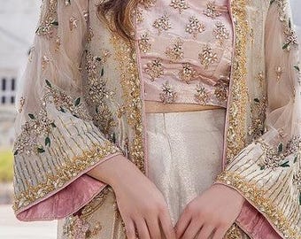 Pink Gold Pakistani Organza Salwar Kameez | Embroidered Punjabi Suit | Wedding Dress Women
