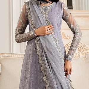 Embroidered Organza Punjabi Suit: Silver color Wedding Salwar Kameez free ship