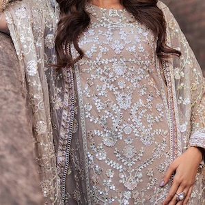 Embroidered Organza Punjabi Suit: Silver color Salwar Kameez Bridal Dress free ship