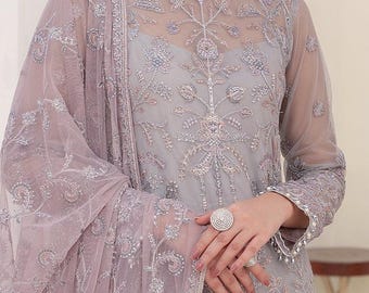 Embroidered Organza Punjabi Suit: Light Purple Party Salwar Kameez Wedding Dress