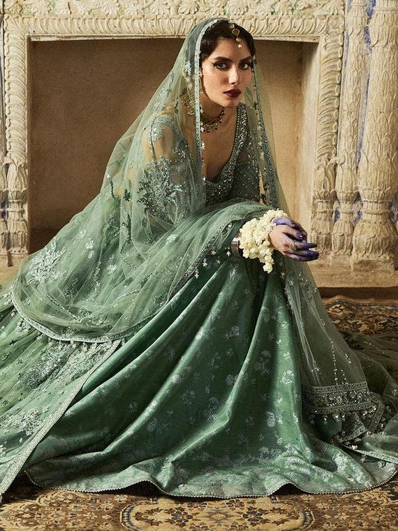 sage green pakistani wedding dress Embroidered Cape Lehenga, Floral Net Bridal Suit, bridal sage green pakistani dress