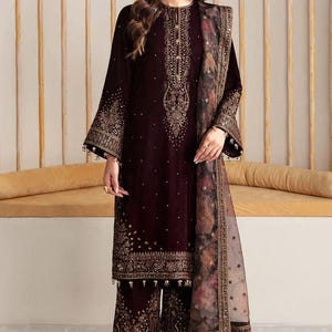 Purple embroidered velvet punjabi suit pakistani salwar kameez organza wedding dress