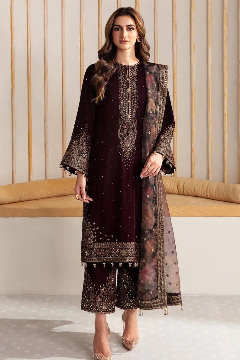 Purple embroidered velvet punjabi suit pakistani salwar kameez organza wedding dress