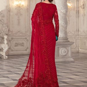 Hues Atelier Pret Embroidered Net 3 Piece Suit Red Lehenga Choli