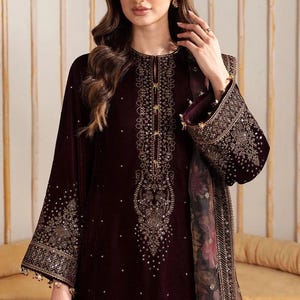 Purple embroidered velvet punjabi suit pakistani salwar kameez organza wedding dress