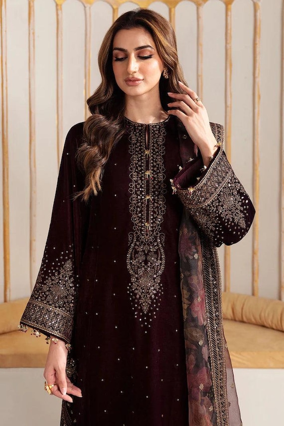 Purple Velvet Punjabi Suit | Pakistani Salwar Kameez Women | Embroidered Organza Wedding Dress