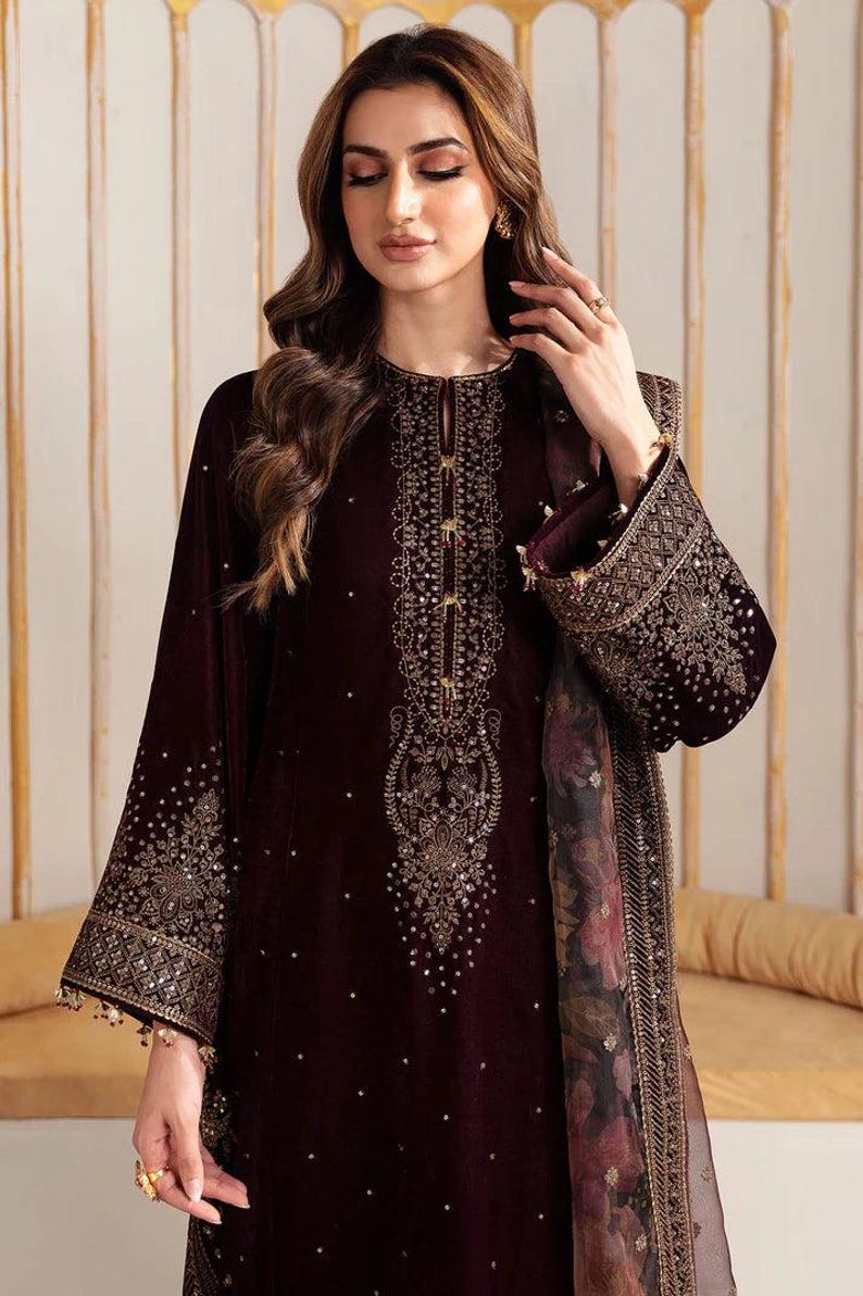 Purple embroidered velvet punjabi suit pakistani salwar kameez organza wedding dress