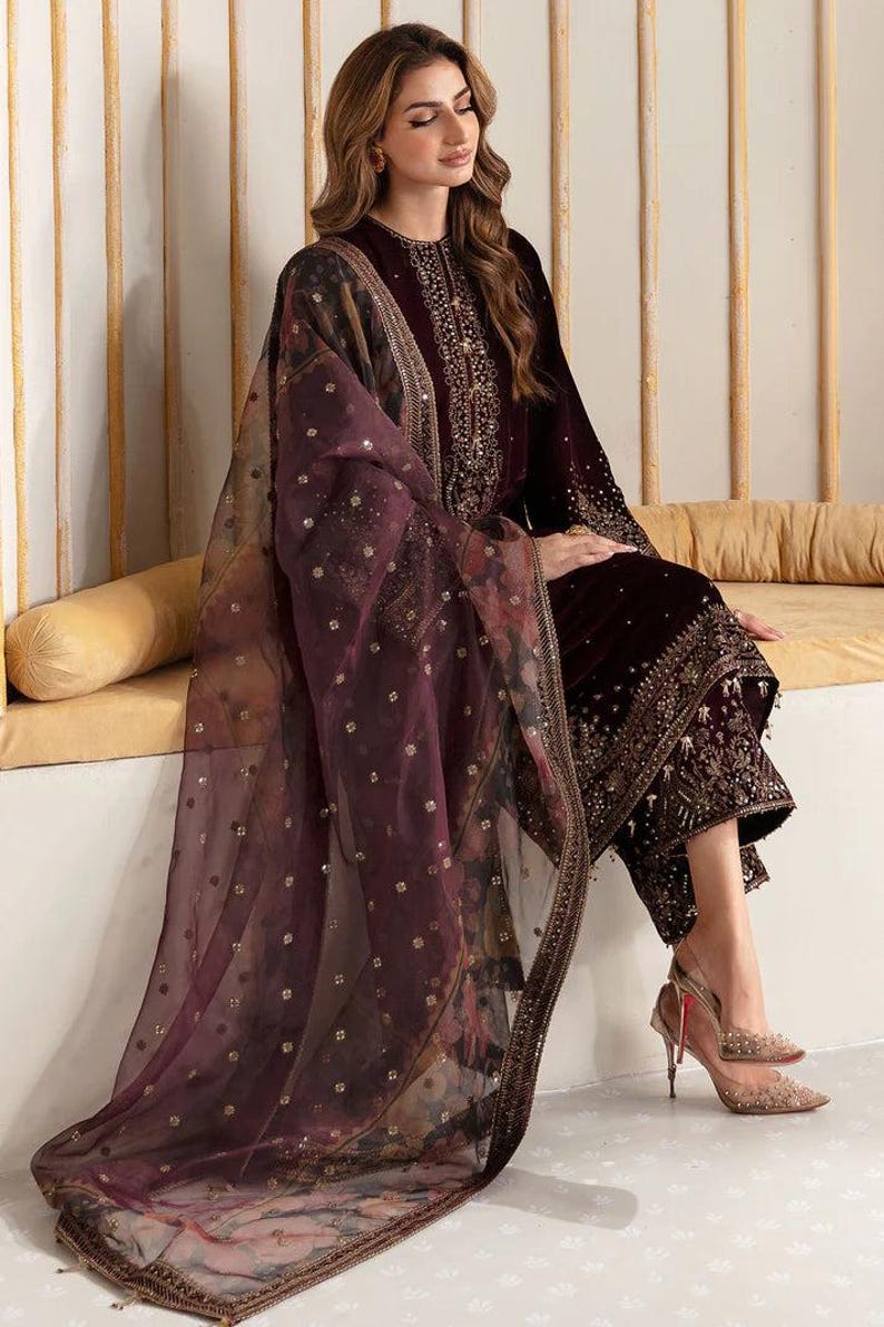 Purple embroidered velvet punjabi suit pakistani salwar kameez organza wedding dress