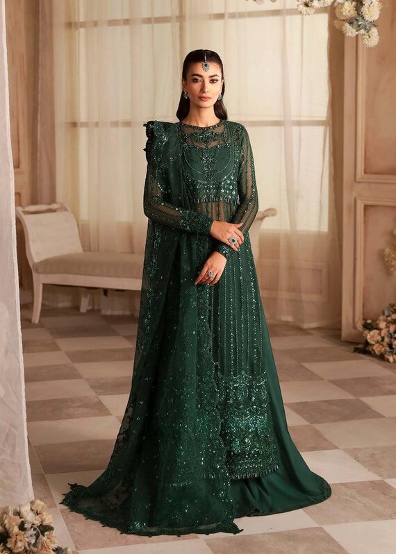 bottle green maxi dress pakistani Embellished Bridal Gown, Hand Embroidered Organza Suit, Wedding smarttag_size_in_stock:6 (AU)
