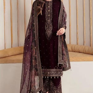 Purple embroidered velvet punjabi suit pakistani salwar kameez organza wedding dress
