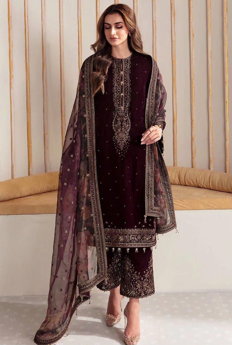 Purple embroidered velvet punjabi suit pakistani salwar kameez organza wedding dress