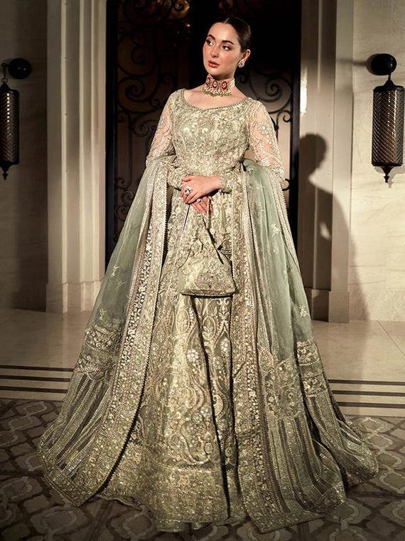 sage green pakistani wedding dress Embroidered Bridal Gown, Net Embellished Dress, Long Kameez $100-$200